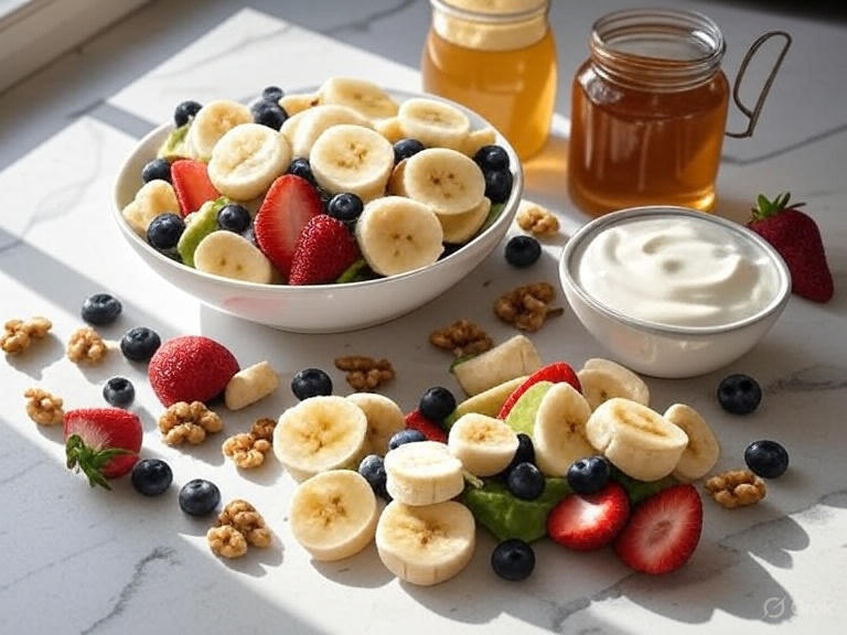 Organic ingredients for banana salad recipe and healthy banana snacks.