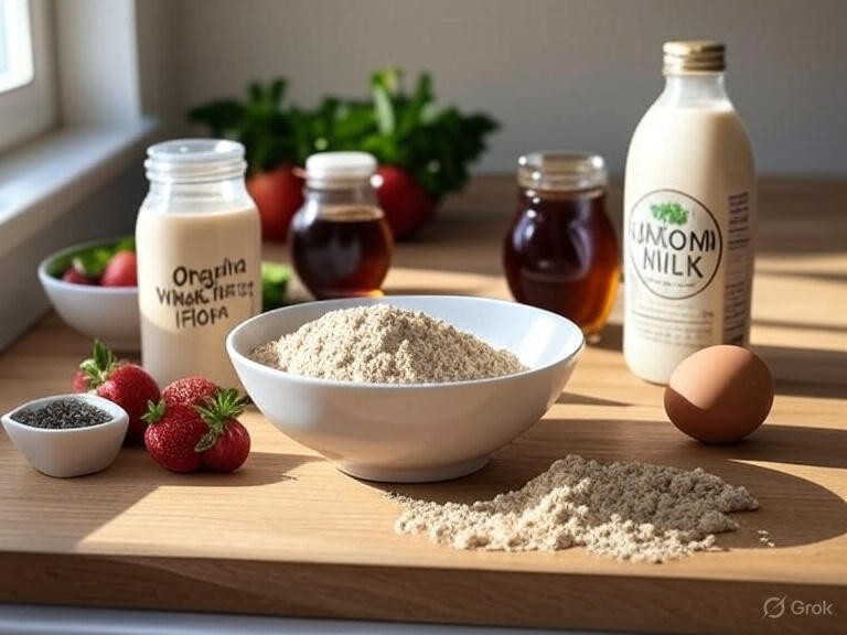 Organic ingredients for whole wheat pancake recipe and healthy pancake recipes.