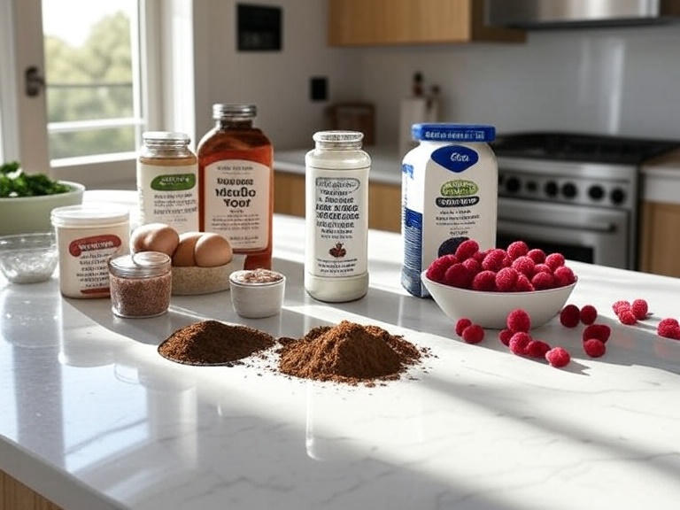 Organic ingredients for healthy chocolate cake recipe and low sugar chocolate cake.