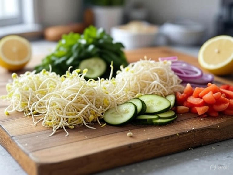 Organic ingredients for easy sprouts salad recipe and sprouts nutrition facts.