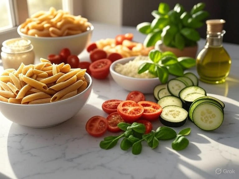 Organic ingredients for tasty pasta recipe and healthy pasta dishes.